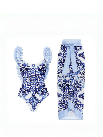 Blue One-Piece Bikini with Handmade Appliqué