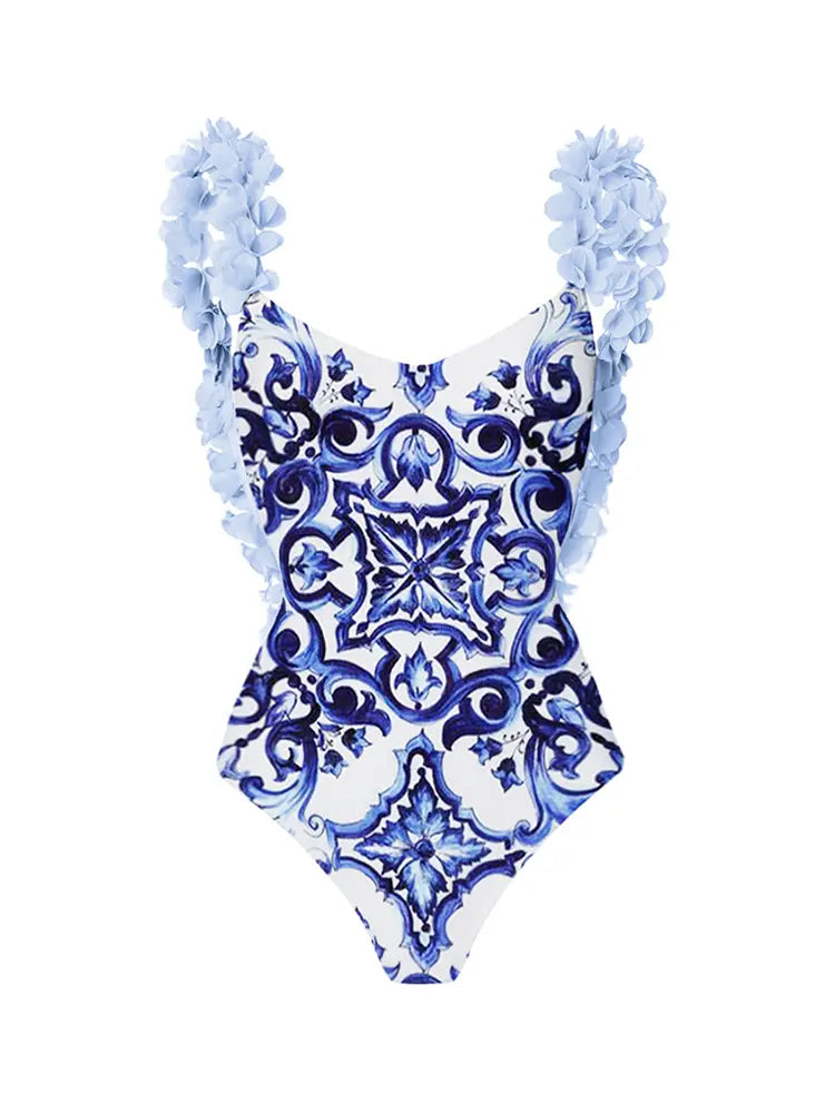 Blue One-Piece Bikini with Handmade Appliqué