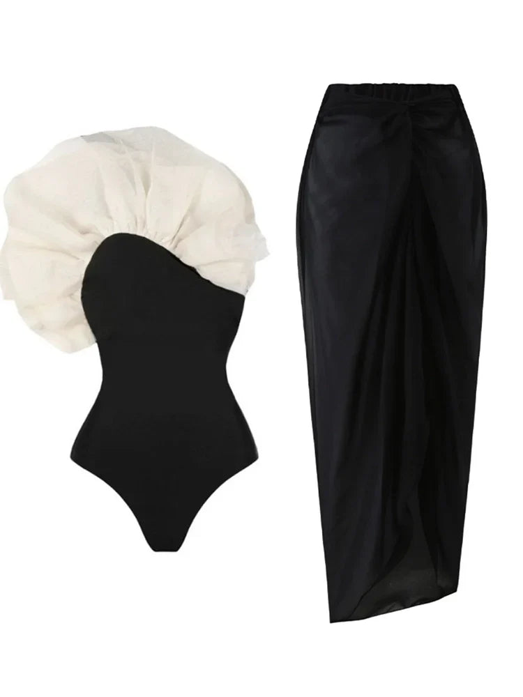 3D Floral Solid Color Swimsuit