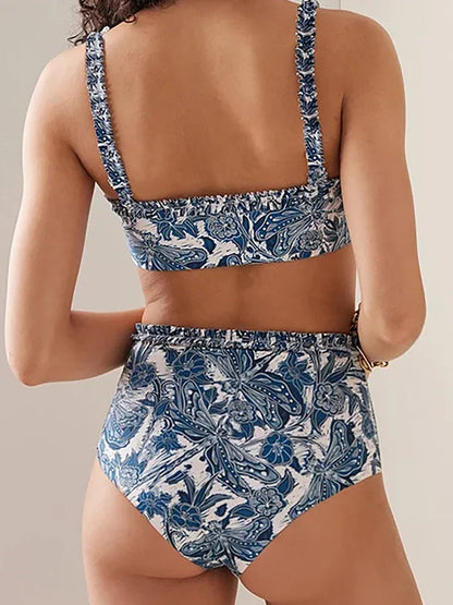 Blue Dragonfly Print Ruffle Bikini Set